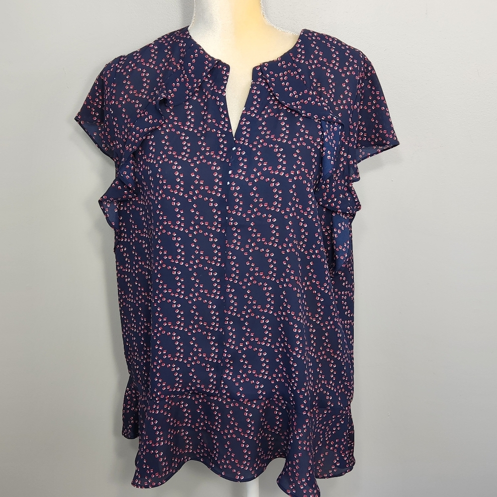 Banana Republic Blouse Cap Sleeve Flowy Ruffle Black Red Size L
